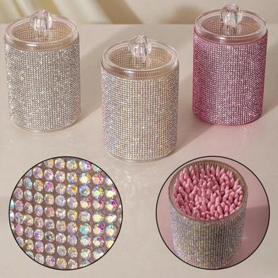 Diamond-Studded Cotton Swab Storage Jar, Decorative Bathroom Vanity Countertop Makeup Desk Storage Box