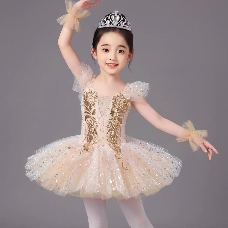 Tutu da Balletto Romantico per Bambina Gonna da Danza Gonna da Balletto con Paillettes Dorate Abbigliamento per Esibizioni di Balletto Vestito da Principessa