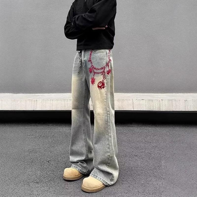 Mens Straight Fit Denim Jeans With Vintage Embroidery Mid-Rise Casual Streetwear Pants Cotton Blend Washed Finish