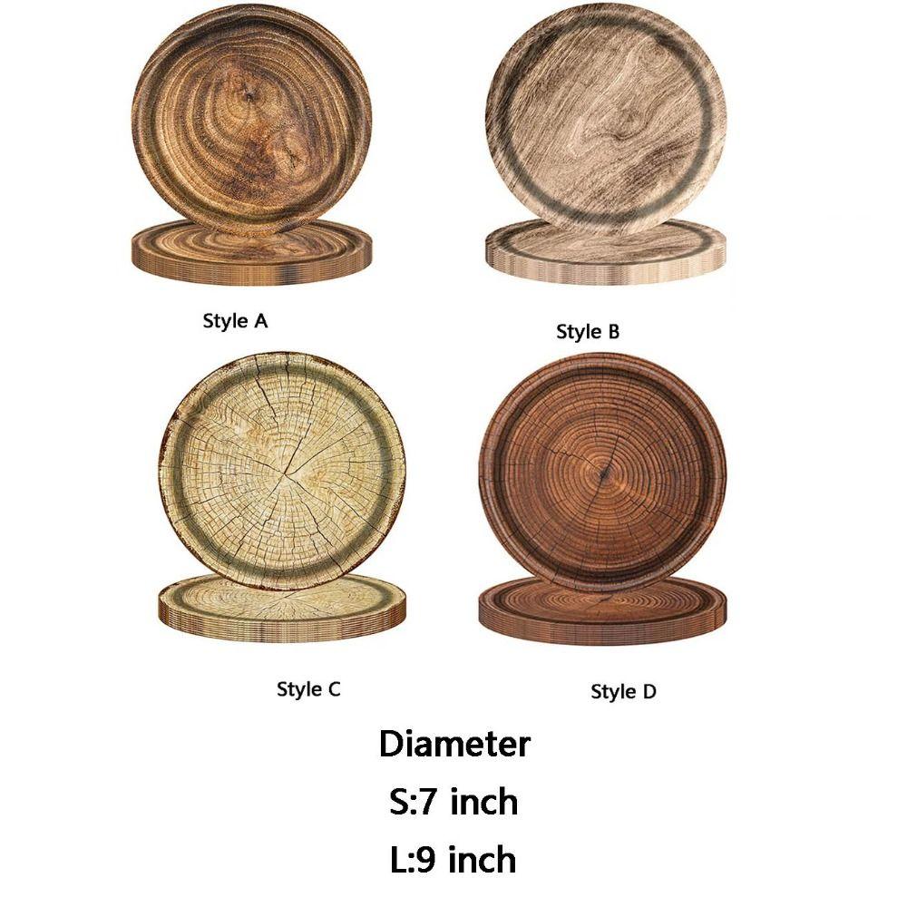 10pcs Round Disposable Dish Vintage Paper Food Tray Imitation Wood Grain Disposable Plate  Picnic