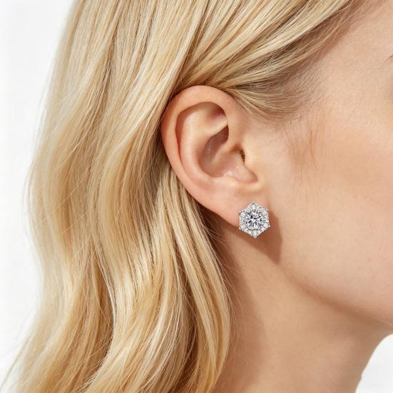 1 Pair Stud Earrings Hexagonal White Cubic Zirconia Geometric Shape Ear Studs Hexagonal Geometric Earrings Jewelry Gift