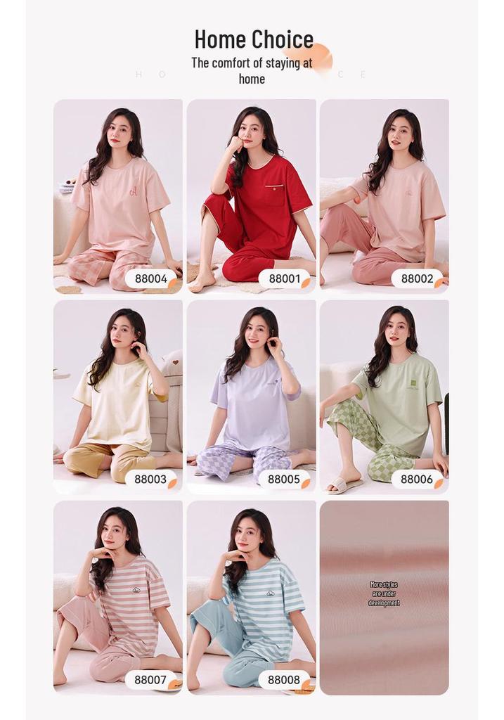Women's Summer Cotton Pajama Set: Short Sleeve Top & Three-Quarter Pants, Thin & Plus Size