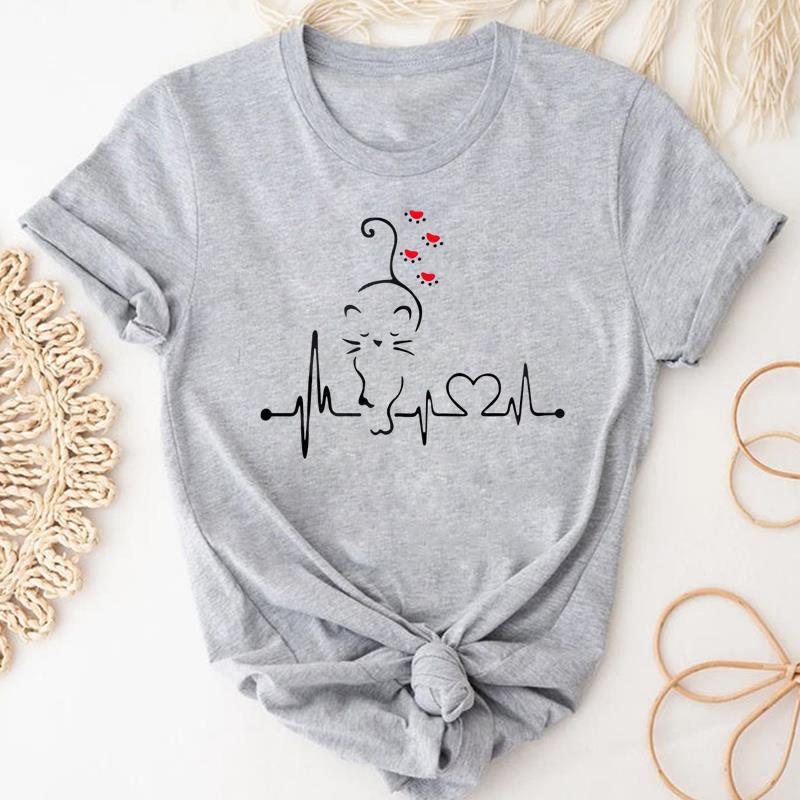 (Asian Size) Tshirt Lady Cartoon T Tee Top Women Print Fashion Clothes Female Clothing Short Sleeve Cat Animal Pet Graphic T-shirt