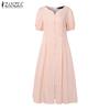 ZANZEA Women Casual Round Neck Summer Plaid Print Short Sleeve Dress