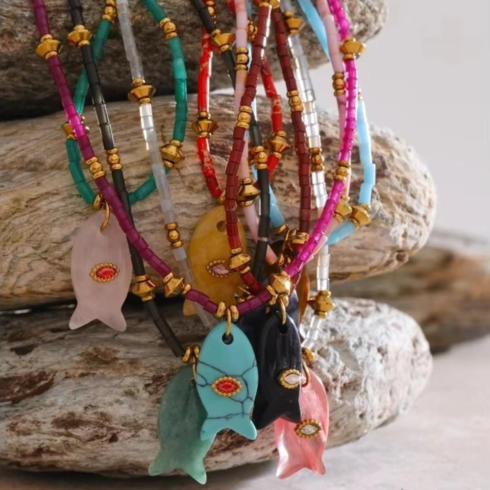 Cylinder Stone Bead Fish Pendant Necklace Colorful Choker Necklace Ocean Style Necklace  Summer