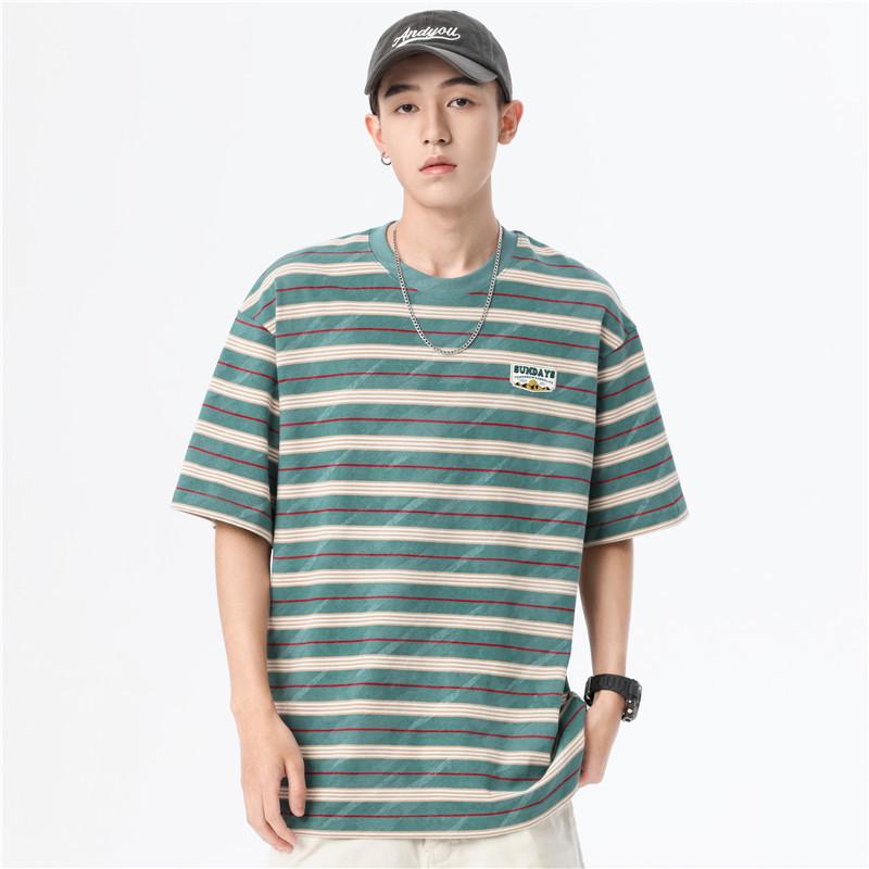 Men's Loose Fit Striped Cotton Crew Neck T-Shirt with Embroidery