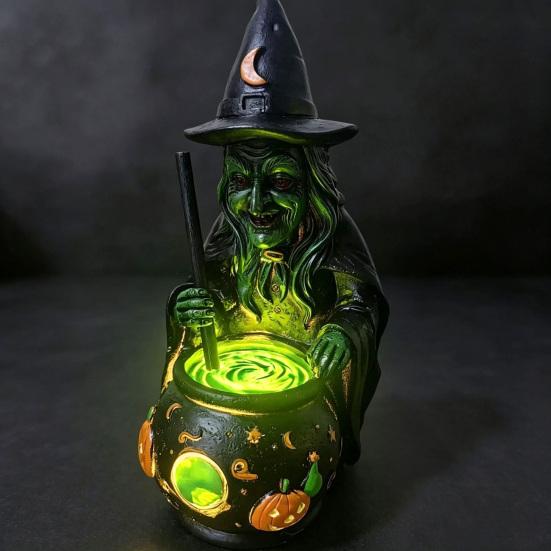 Creepy Haunted House Props Halloween Witch Cauldron Lamp Figurine, Resin Scary Witches Lighted-Up Realistic Craft Cauldron, Festival Supplies