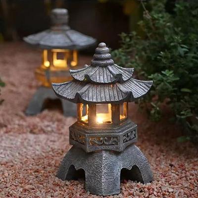 Dekor Zen Ornamente Solarbetriebener Turm Gartenstatue Palastlaternen Chinesische Solarlampe Steinhof Pagode Laterne