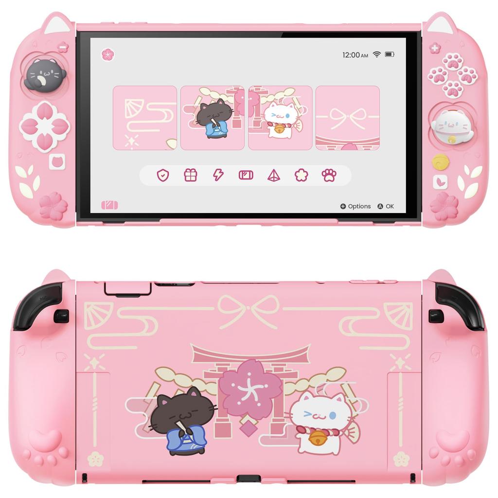 PlayVital Protective Cover Set for Switch Compatible with Switch 2 Includes Cat Ears Paw Silicone PC Adjustable Stand Japanese Sakura Kitten Design 2,