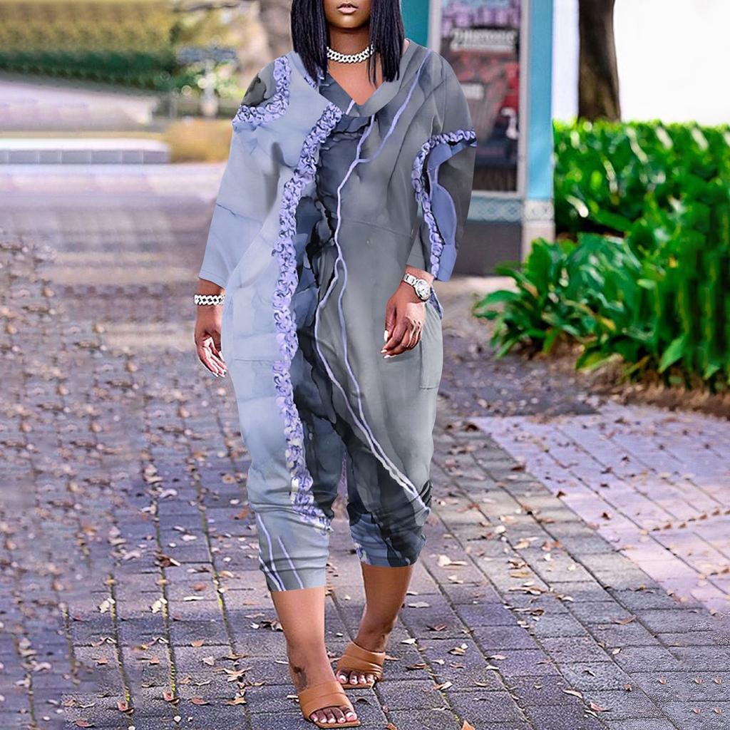 Lockerer, lässiger Jumpsuit mit V-Ausschnitt und langen Ärmeln für Damen in großen Größen