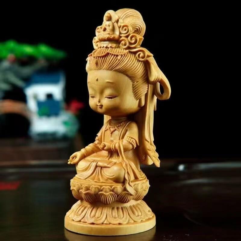 Woodcarving Cartoon Guanyin Statue  Hand Carving Solid Wood Buddhist Feng Shui Guanyin Home Room Office Decoration  Statue