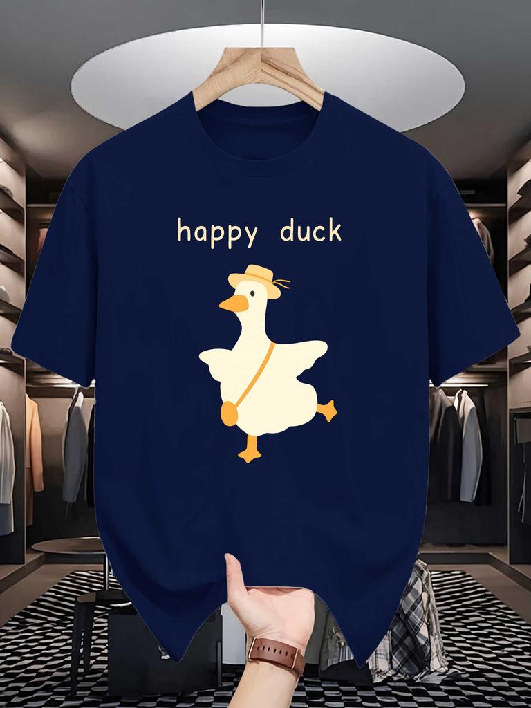 Unisex Cotton Tee Happy Duck Cartoon Print Loose Breathable Summer Crew Neck Casual Street T Shirt Male Daily Simple Leisure Outfit