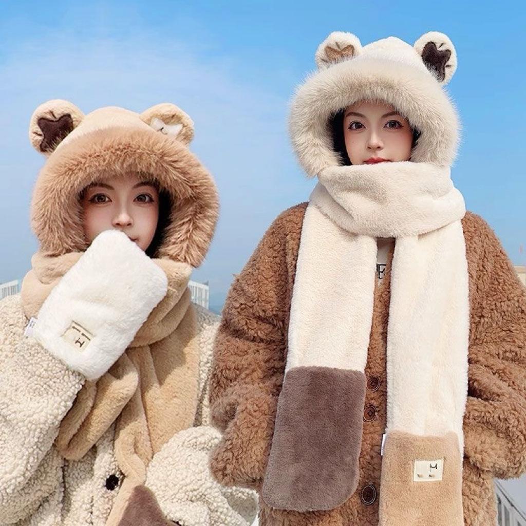 Three-piece hat set for women, autumn and winter, with fleece lining, thickened, integrated scarf and gloves, plush, warm, Korean style, ear