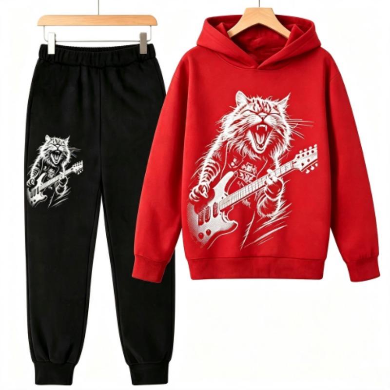 Fashion Rock Cat Guitar Player Animal Cat Print Kids Pullovers Pants 2-piece Set Street Casual Fashion Hoodies Vintage Boy's Girl Clothes