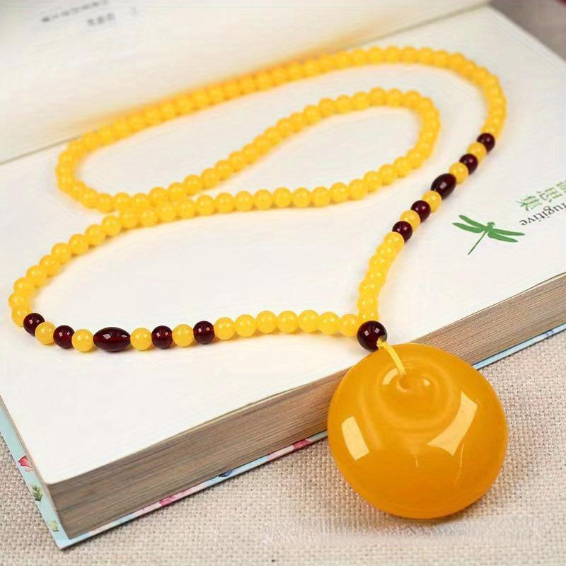 1PC Honey Wax Pendant, Men's and Women's Long Ethnic Style Carved Necklace, Chicken Oil Yellow Water Droplet Sweater Chain, Pendant Accessories