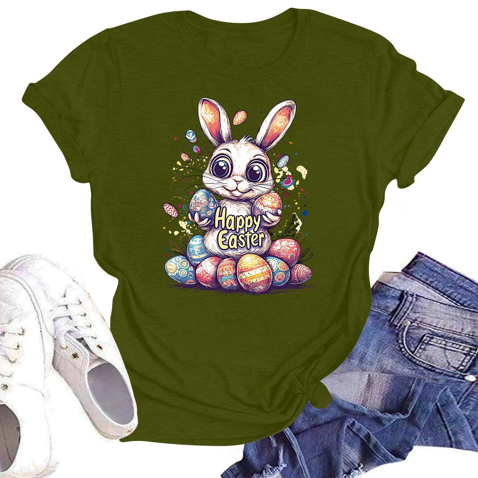 

Счастливой Пасхи женская мода принтованный круглый вырез короткий рукав футболка пуловер топ L армия зеленый