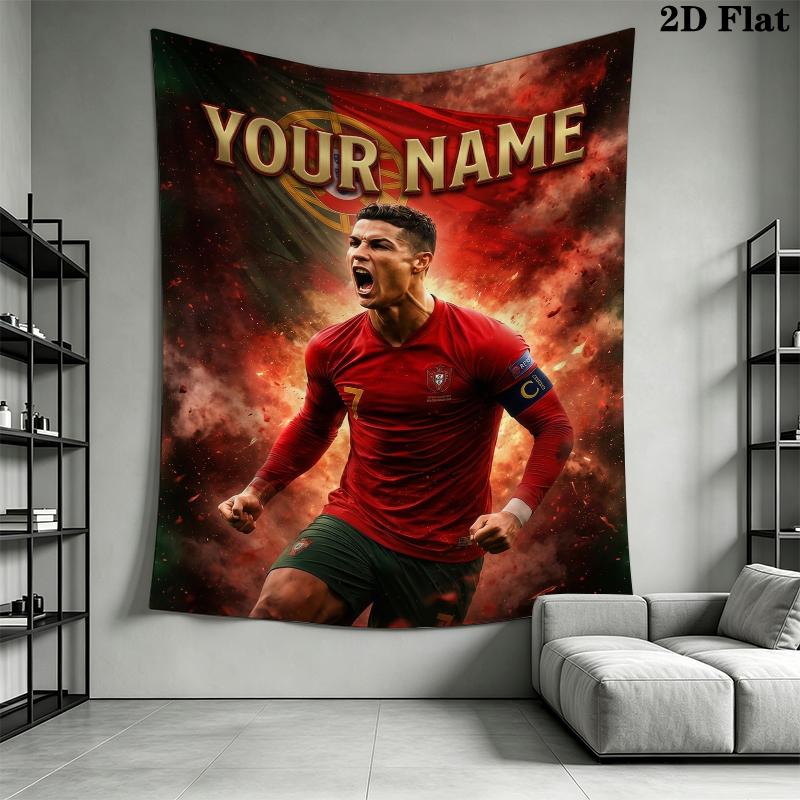 Custom Name Cristiano Ronaldo Wall Tapestry Aesthetic Wall Hanging Printed Fabric Blanket Decorative Tapestries for Bedroom Living Room Home Decor