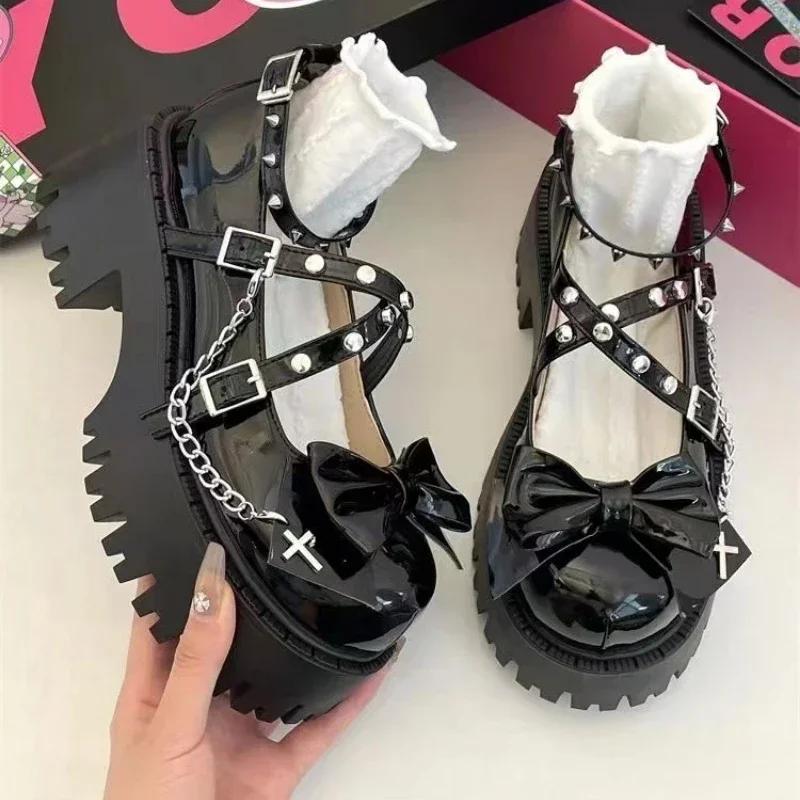 Fashion Women's Lolita Mary Janes Shoes 2025 Ankle-Wrap High Heels Platform Pumps Bow-Tie Rivet Chain Square Heel Buckle Strap Shoes