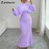 Women's Elegant Stand Collar Mesh Lace Crushed Diamond Long Sleeve Ruched Waist Tailored Evening Gown Dress