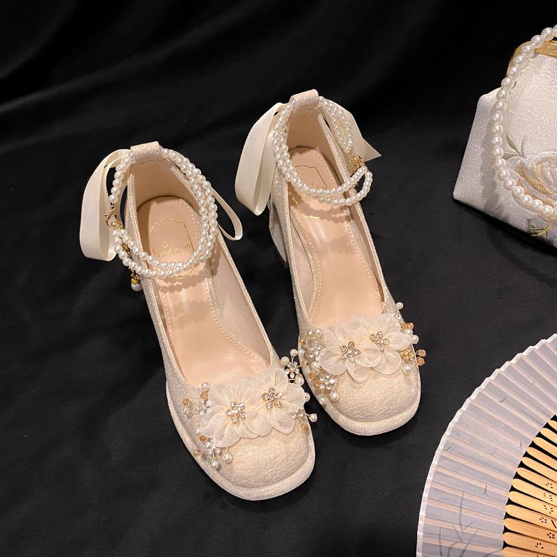 2025 Pearl High Heels Thick Heel Satin Wedding Shoes Bride Shoes One Word with Square Head Apricot Single Shoes