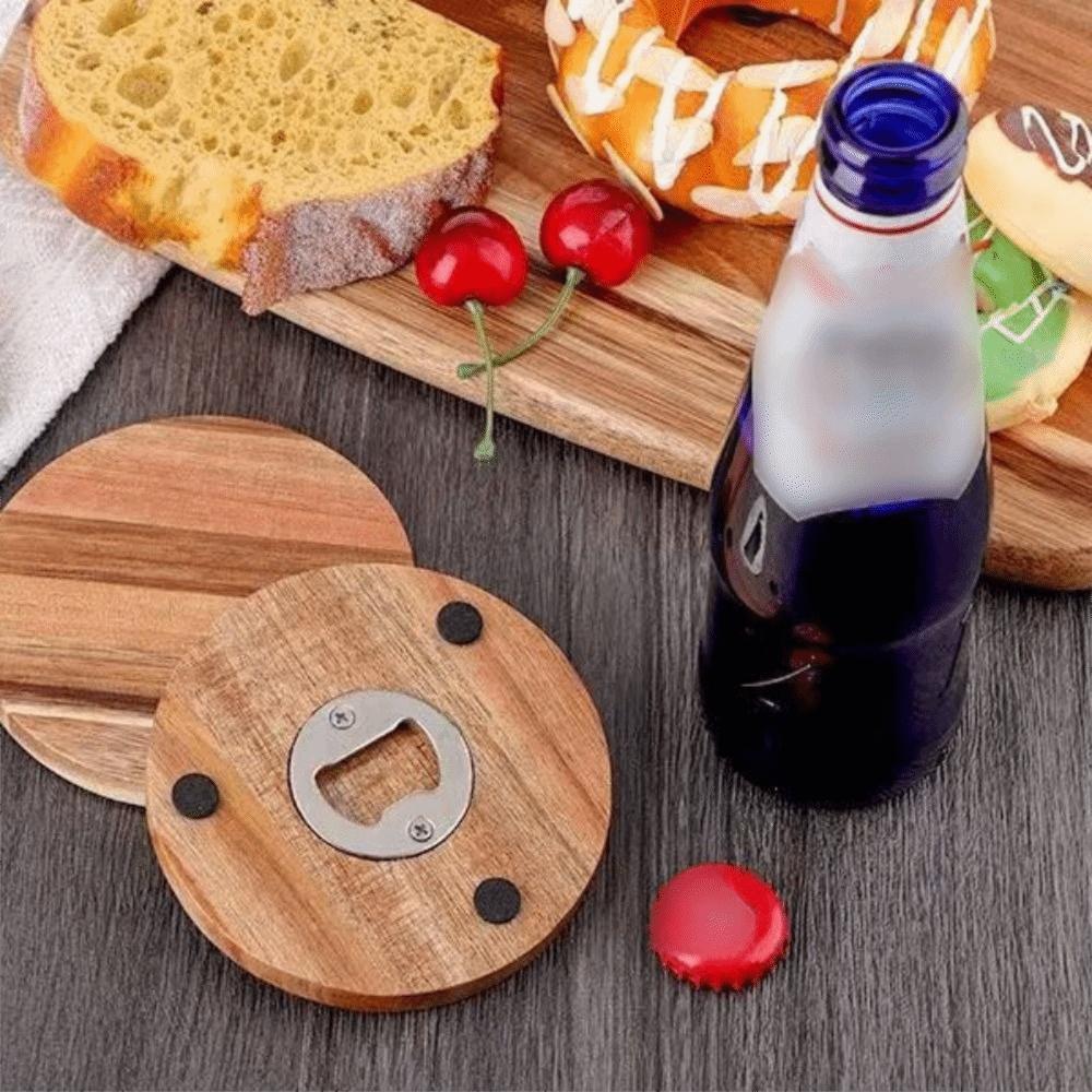 6PCS Round Insulated Cup Pad 2 in 1 Party Cup Mat Set Wood Coaster with Bottle Opener  Dining Table