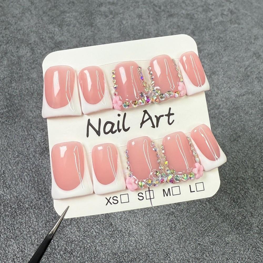 Pink Color Press on Nails White French Tip Handmade False Nails Rhinestones Design 3D Carving Duckbill Nails Wearable Nails