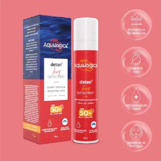 Aqualogica Detan Dewy Sunscreen SPF 50 PA++++ with Cherry Tomato Reduces Tan 50g (Pack of 2)