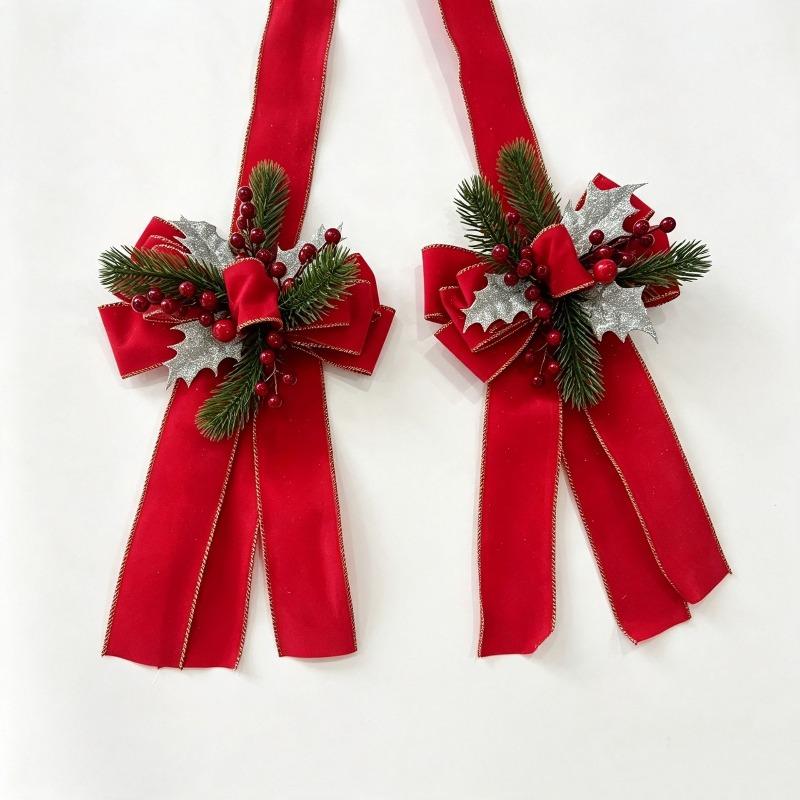 Red Velvet Double Bow w/Pine Branches Christmas Door Bows Scapulars for Xmas Display Window Hanging Decor 2027 New Years Pendant