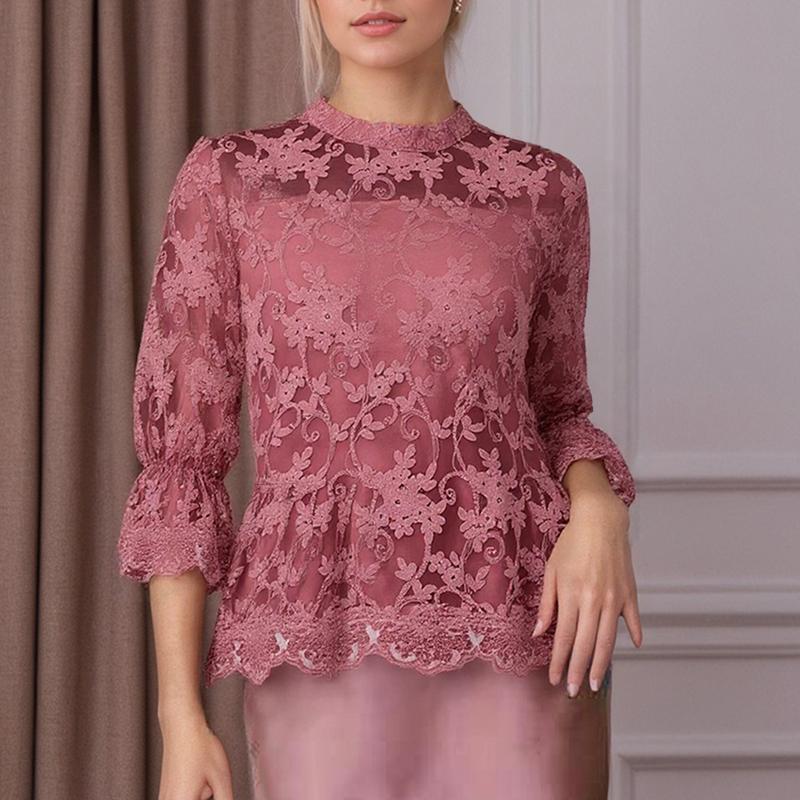 

ZANZEA Женская повседневная блузка с круглым вырезом и рукавами 3/4, элегантная, с кружевной отделкой в стиле пэчворк L розовый