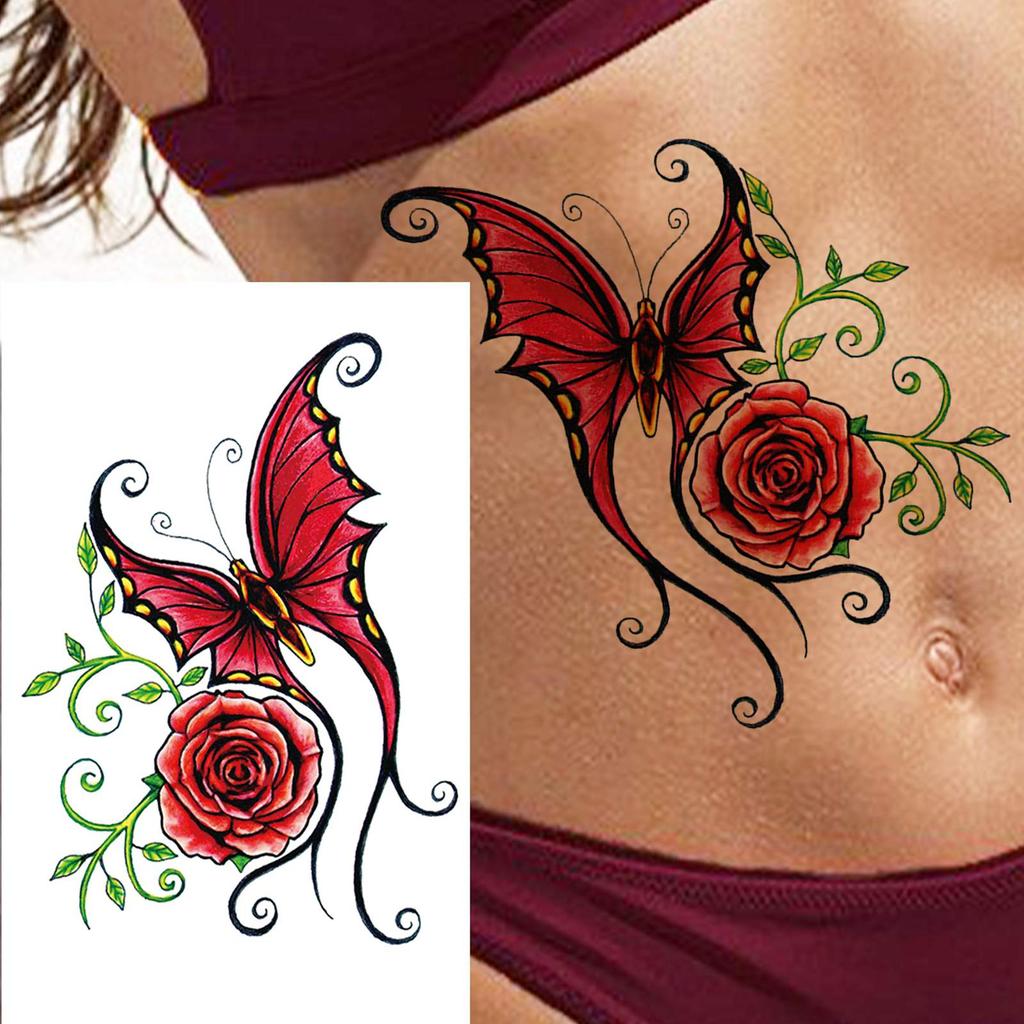 1 Sheet Sexy Butterfly Plum Rose Temporary Tattoos For Women Girls Watercolor Fake Flower Tattoo Sleeve Waterproof Decoration