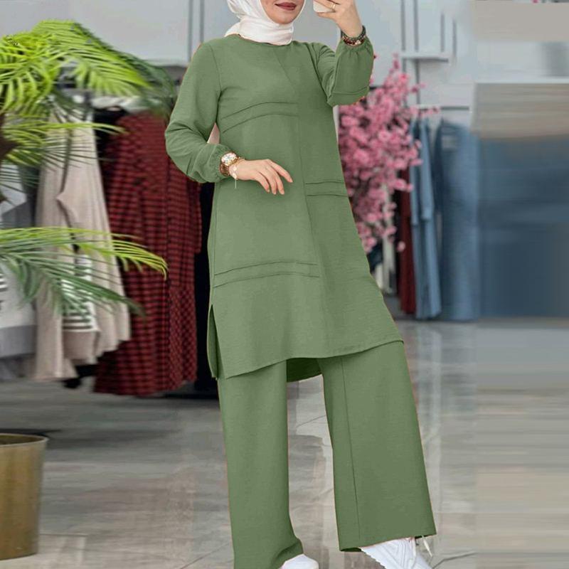 H712# Damen Einfarbig Zweiteilige Sportbekleidung: Elegantes Set aus Langarmhemd und weiten Hosen