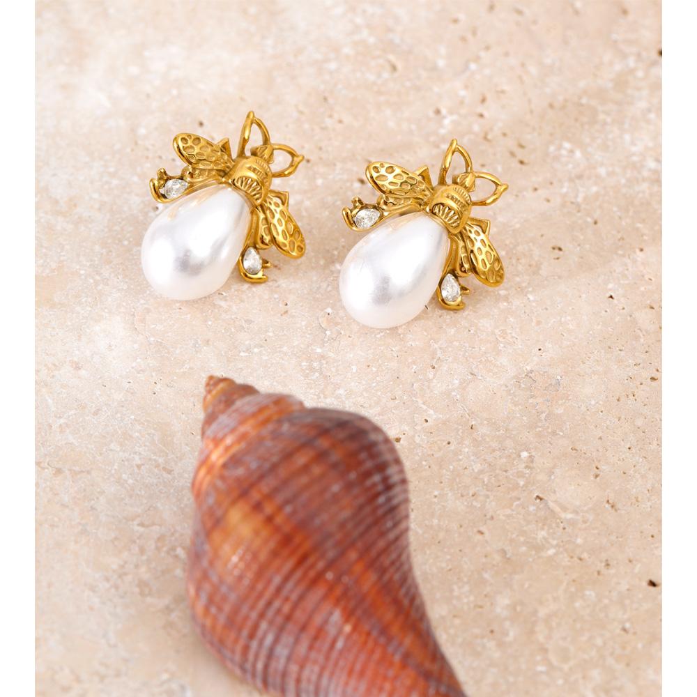 Yhpup Popular Simulated Pearls Zircon Bee Stud Earrings Golden Stainless Steel Attractive Chic Jewelry New Wholesale