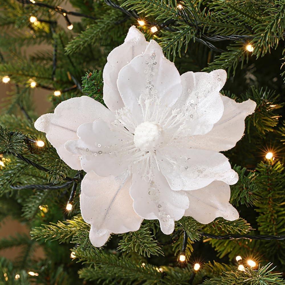 1 Pcs Poinsettia Artificial Flowers Christmas Tree Ornaments Velvet Glitter Magnolia Flowers for Xmas New Year Party Wedding Holiday DIY Decorations,