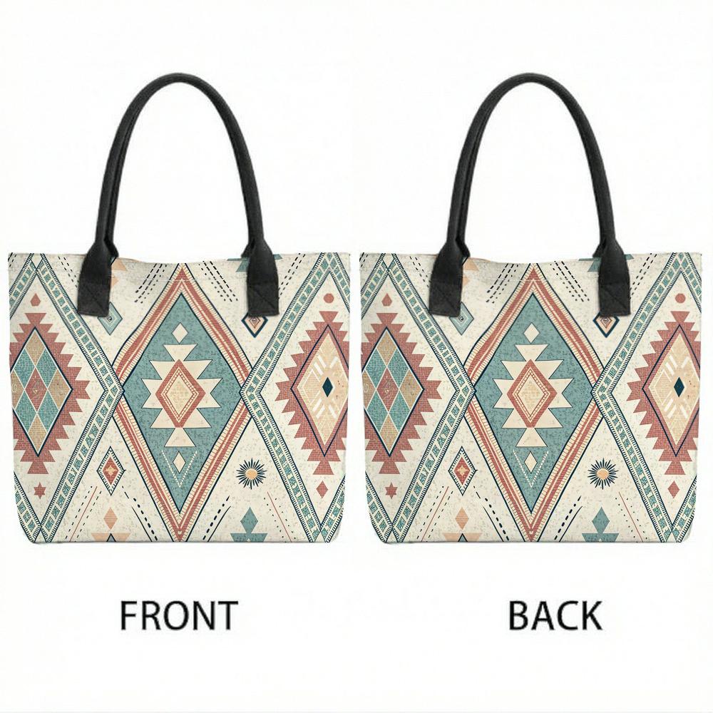 Boho Geometric Pattern Canvas Tote Bag Casual Large Capacity Daily Shoulder Handbag for Women
