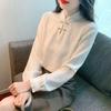 Dames Lente en Herfst Cheongsam Opstaande Kraag Platte Knoop Lange Mouw Onderhemd Pullover Losse Top