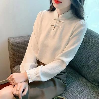 Women's Spring and Autumn Cheongsam Standing Collar Plate Button Long Sleeve Bottom Shirt Pullover Loose Top