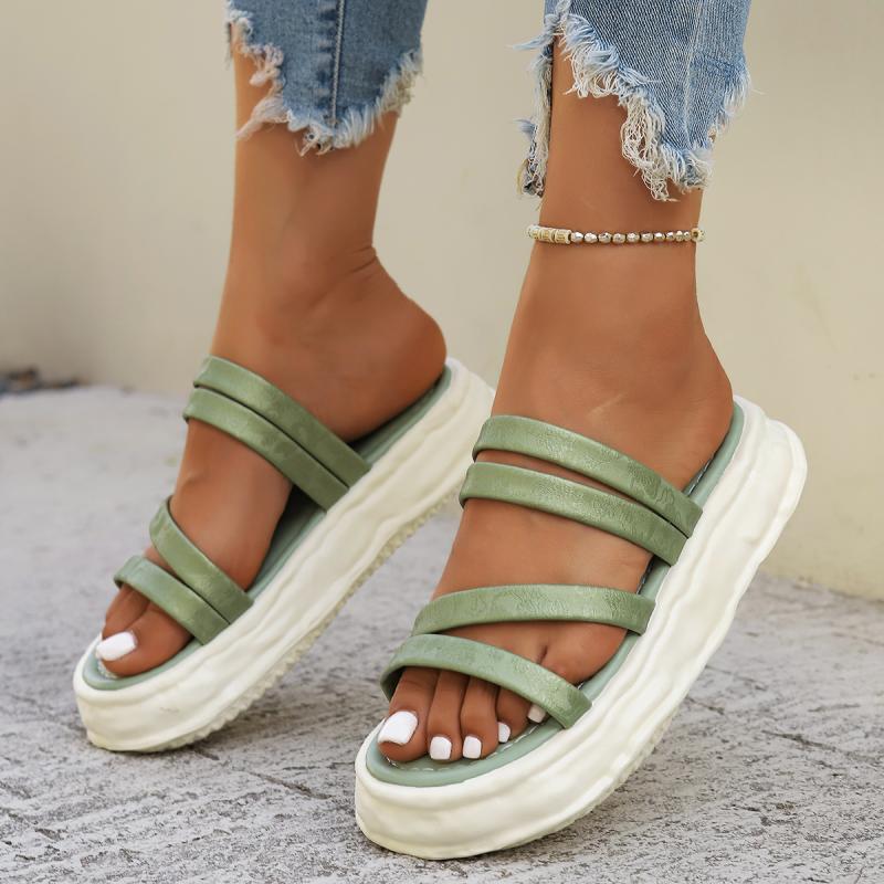 Casual Soft Sole Thick Bottom Outdoor Slippers Women Summer Narrow Band Medium Heel Slides Round Toe Non Slip Beach Slippers