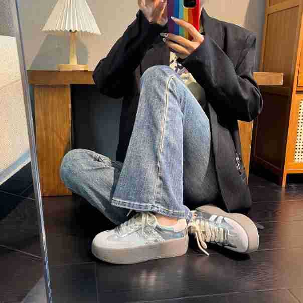 Silver German Training Shoes Su Yinyin Three Bars Cowhide Lace Edge Little White Shoes Thick Sole Inner Height Increase Sports and Leisure Shoes Wom