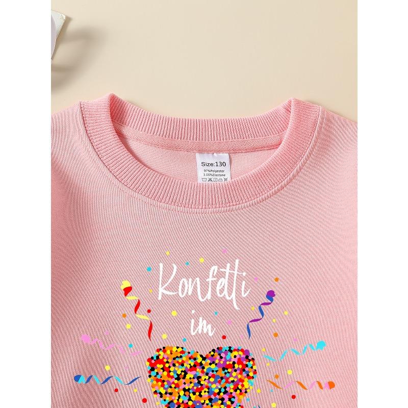 European sizes Confetti Heart Celebration Girls' Crew Neck Sweatshirt, Autumn Winter Western Top, Long Sleeved Casual.