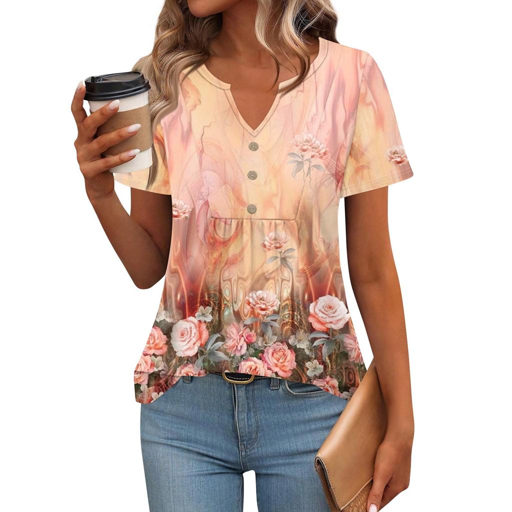 Damskie bluzki z krótkim rękawem, letnie koszulki z dekoltem w serek, swobodna bluzka plisowana, luźny nadruk, podstawowy t-shirt