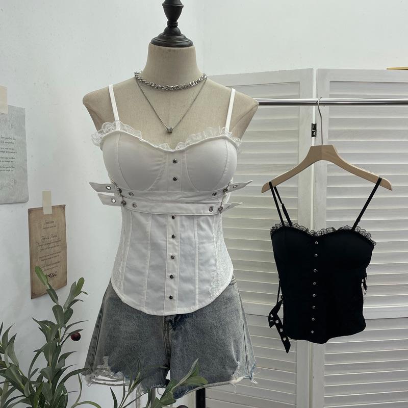 Y2K Spicy Girl Spitzenbesetztes Camisole mit Brustpolstern und Reißverschluss am Rücken
