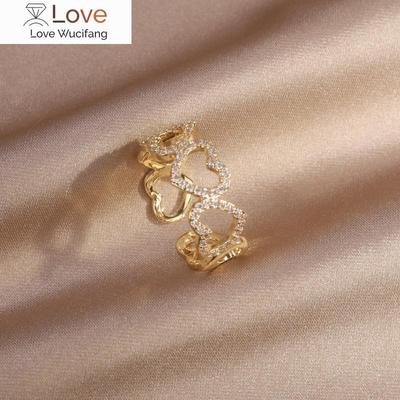Design Moda Jóias 14K Ouro Real Galvanoplastia Oco Amor Zircão Anel Elegante Feminino Abertura Anel Ajustável