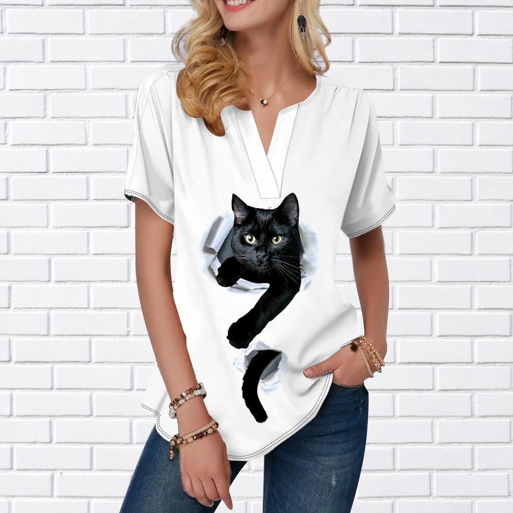 Women Summer T Shirt Dragen-Li Print Short Sleeve Tees Casual Printed Tops Small V-neck Short Sleeves