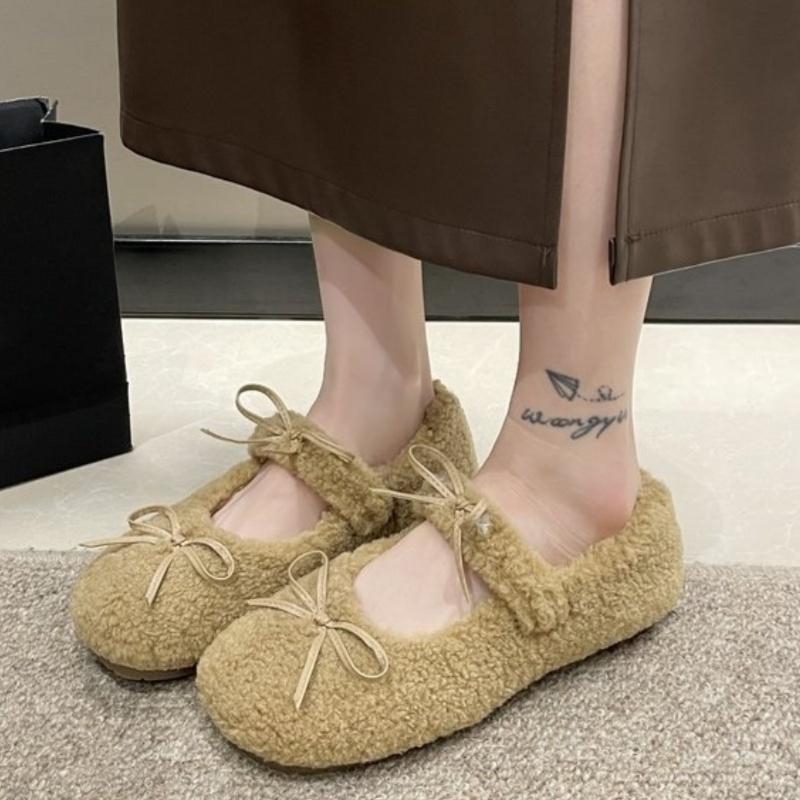 Winter Wool Lamb Women Flats Shoes 2025 Fashion Shallow Slip On Ladies Flats Butterfly Knot Indoor Warm Soft Sole Women Shoes