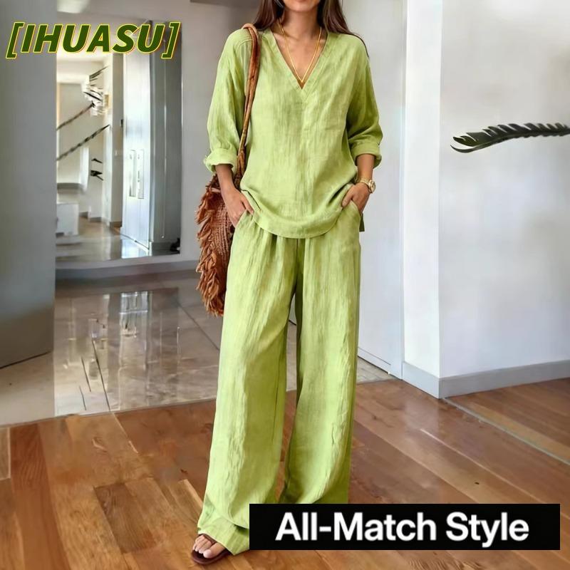 IHUASU Costume de pantaloni casual la modă pentru femei, cu mânecă lungă și decolteu în V