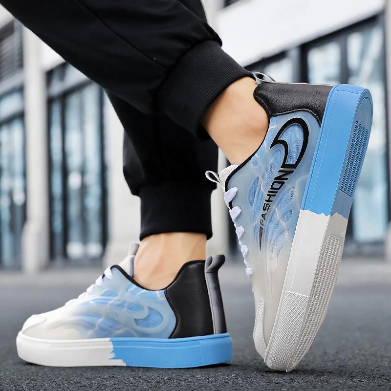 Low top board shoes for men's spring mesh breathable and non stuffy feet, night light anti slip soft sole casual white men's spo