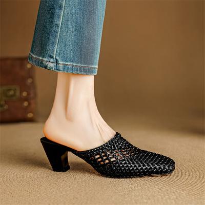 Moda Nuevas Pantuflas de Verano Pantuflas de Microfibra para Mujer Mules de Moda con Calados Punta Cuadrada Tacones Altos Cubre Dedos Sandalias