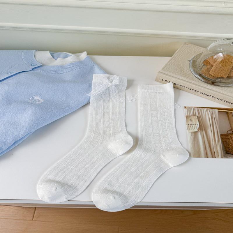 Mulberry Silk Ruffle Bow Mesh Mid-Calf Ballet Socks One size