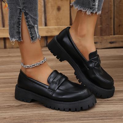 Women's Black Big Size Loafers Spring Fall Slip-on Thick-soled Round Toe Breathable Small Leather Shoes