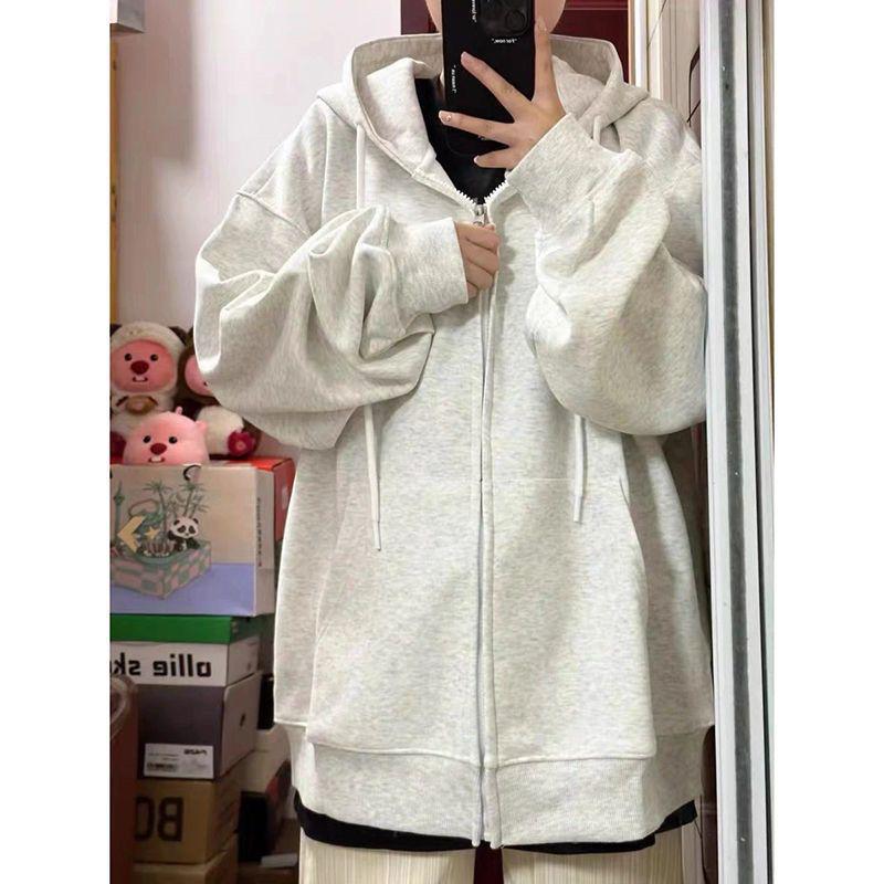 Women's Red Hooded Zip-Up Cardigan - New Year Battle Robe Style, Plus Velvet, Petite Loose Fit for Spring & Autumn